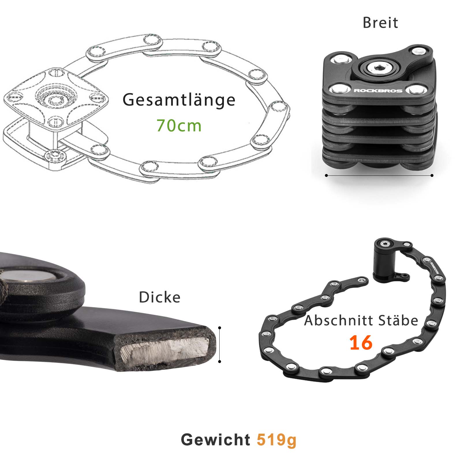 ROCKBROS Fahrradschloss Faltschloss 70 cm Lang Schwarz - Image 11
