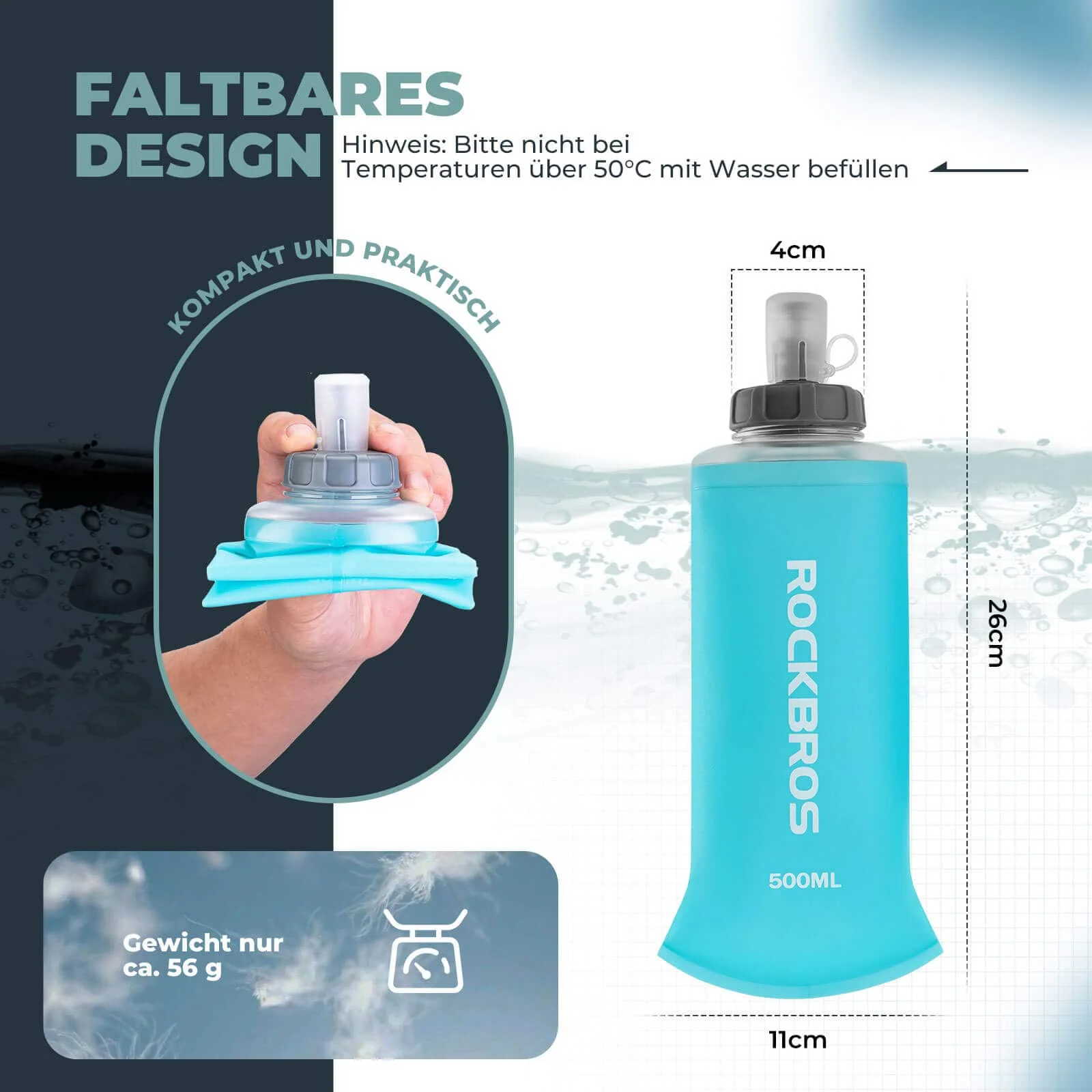 ROCKBROS Trinkflasche Faltbare Wasserflasche 500ml für Laufen Wandern Radfahren - Image 6